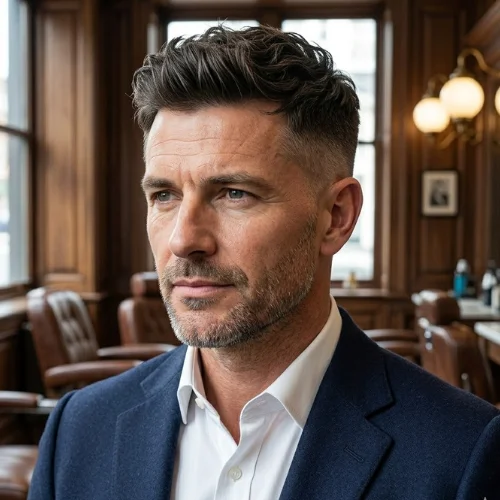 Professional middle-aged man with a Thick Hair French Crop haircut featuring a textured voluminous top, clean fade on the sides, and a well-groomed beard in a barbershop setting.