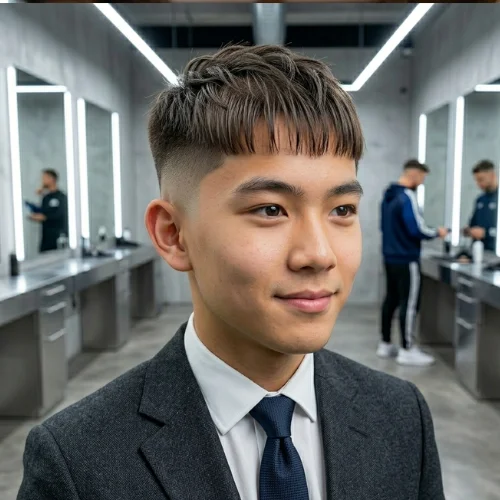 Man with a modern French crop haircut designed for thin hair, featuring a short textured top and clean fade on the sides for added volume and a fuller appearance.