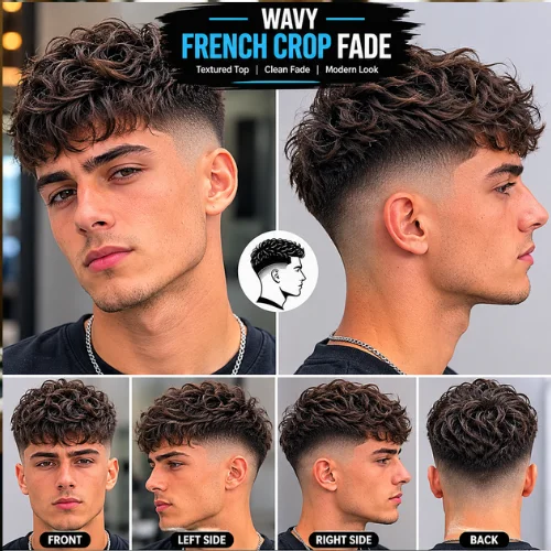 Young man with a wavy French crop fade haircut featuring a textured curly top, clean mid fade sides, and modern stylish finish shown from front, side, and back angles.