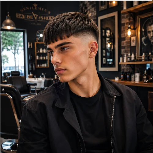 Handsome man with a French Crop straight hair haircut and sharp low fade in a modern barbershop. Clean fringe, straight textured hair, and a stylish masculine look with a professional barber finish.