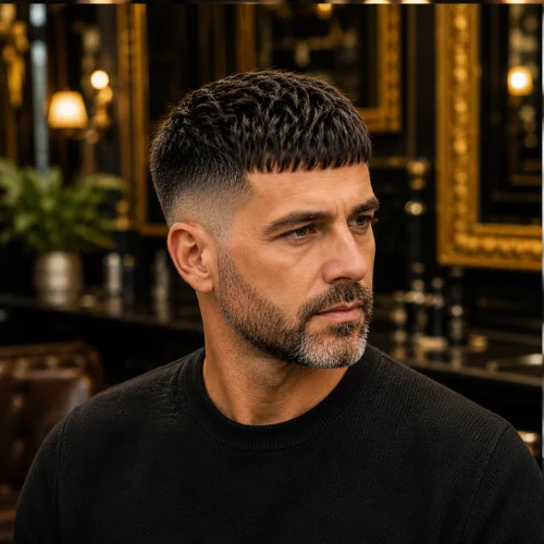 Middle-aged man with a classic French crop haircut featuring a textured fringe and clean fade, standing in a luxurious barbershop with an elegant blurred background.