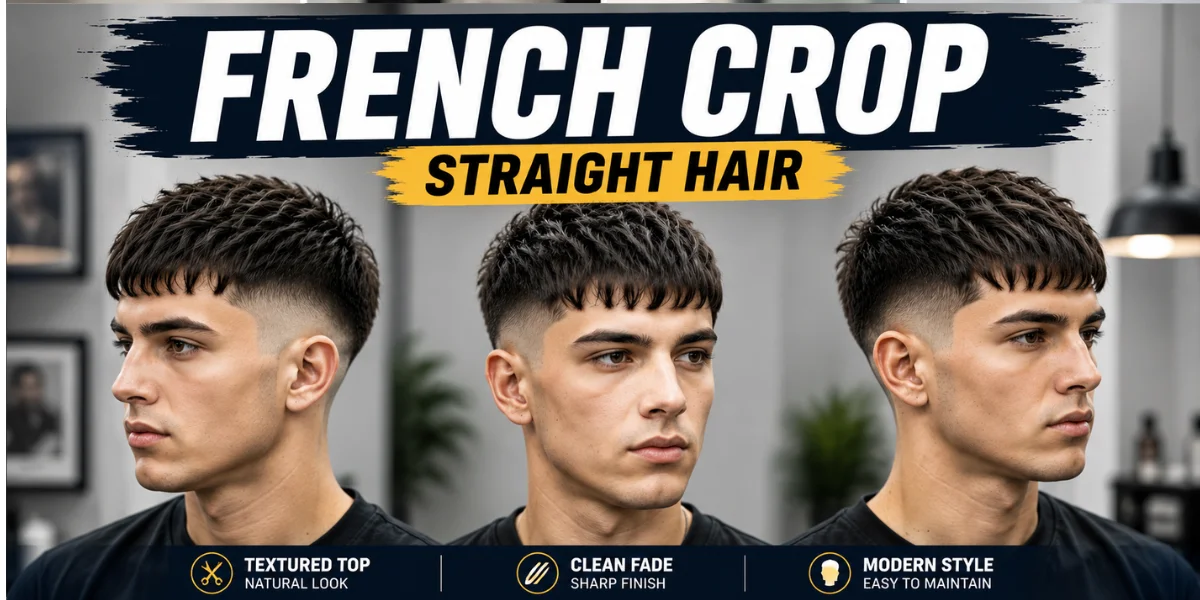 Modern French crop hairstyle for straight hair featuring a clean textured top with short faded sides, showcasing a sharp and stylish men’s haircut.