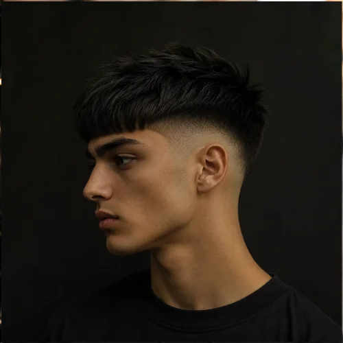 Young man with a straight textured French crop haircut and skin fade in a dark studio setting.