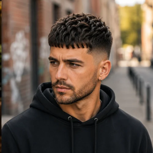 Young man with a French Crop haircut and clean taper fade, featuring textured straight hair and a sharp modern appearance in a professional barbershop setting.