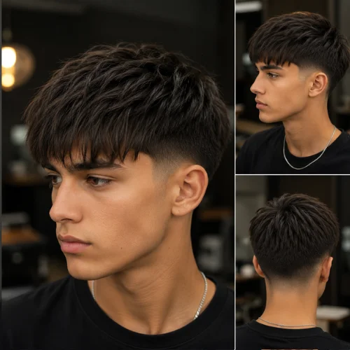 Young man with a long French crop haircut for straight hair, styled with textured layers and a clean fade in a professional setting.