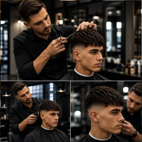 Professional barber giving a French Crop Low Fade haircut to a young man inside a modern barbershop. Multiple angles showcase the haircut process, highlighting the textured cropped top, clean low fade, and precise barbering techniques in a stylish grooming environment.