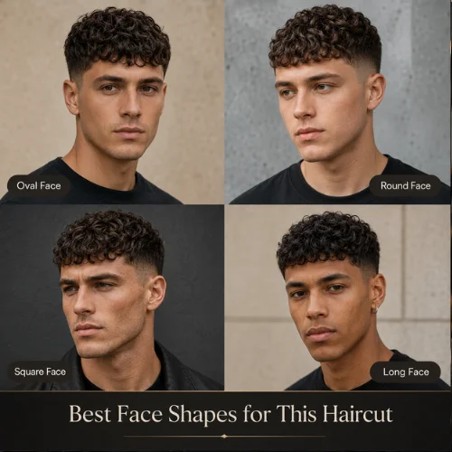 Different face shapes with Curly French Crop haircut including oval, round, square, and long faces