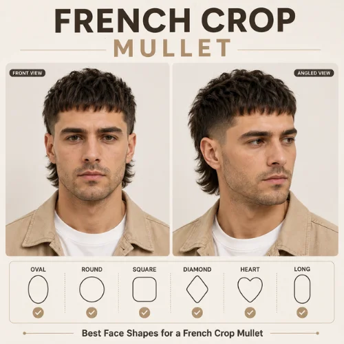 French crop mullet haircut guide for oval, round, square, diamond, heart, and long faces