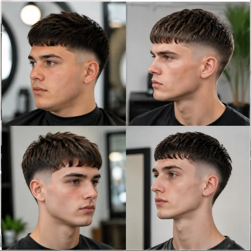 Four young men with different face shapes wearing French crop burst fade haircuts, showing round, square, oval, and long faces.