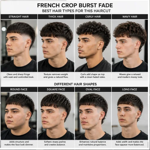 male models displaying French crop burst fade haircuts on straight, wavy, and curly hair types.