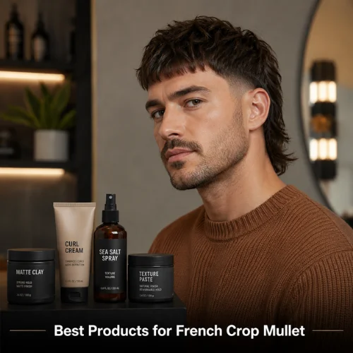 Best hair products for French crop mullet including matte clay, curl cream, and sea salt spray