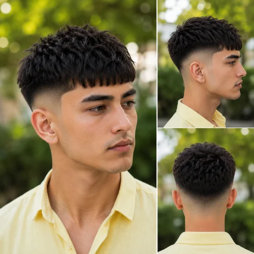 Handsome Egyptian man with a Blunt Fringe French Crop Low Fade haircut, featuring a straight, defined fringe across the forehead and clean low-faded sides. He is wearing a light yellow shirt and posing against a beautiful outdoor background with soft greenery and natural light, highlighting the sharp and modern style of the haircut.