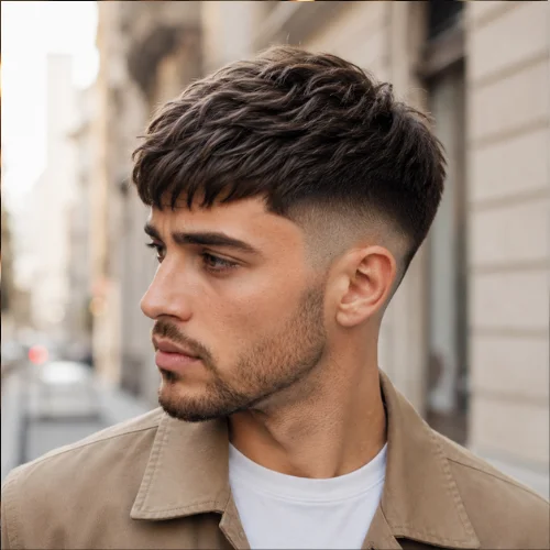 Brushed forward French crop with a mid-fade and soft fringe near the forehead.