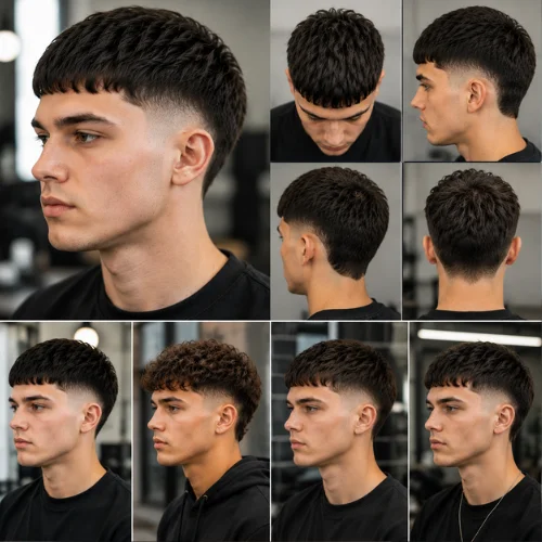 Side view of a young man with a French crop burst fade haircut, showing clean, sharp fade around the ear and textured top, modern men’s hairstyle