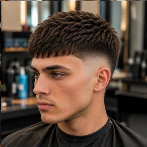 Male showing burst fade with a French crop on top, cropped forward top and smooth fade around the ears.