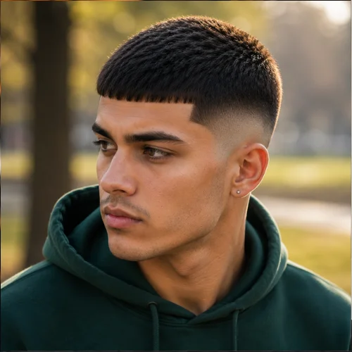 Young man with a buzz cut French crop burst fade, short textured top and clean fade around the ears.