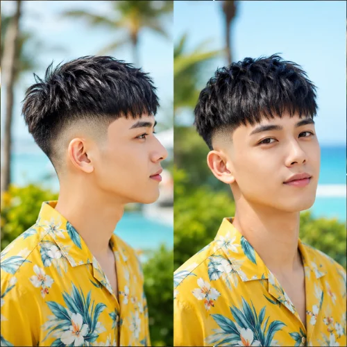 Young Filipino man with a choppy French crop low fade haircut, featuring textured fringe and clean faded sides. He is wearing a bright yellow tropical shirt, photographed from two angles against a beautiful tropical beach background with palm trees and vibrant natural lighting.