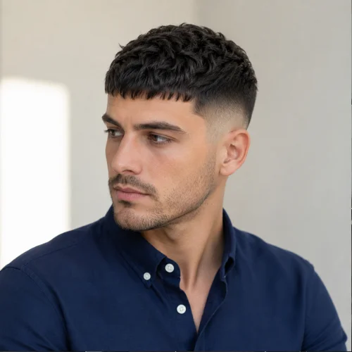 Clean classic French crop mid fade haircut with short top and neat forward fringe.