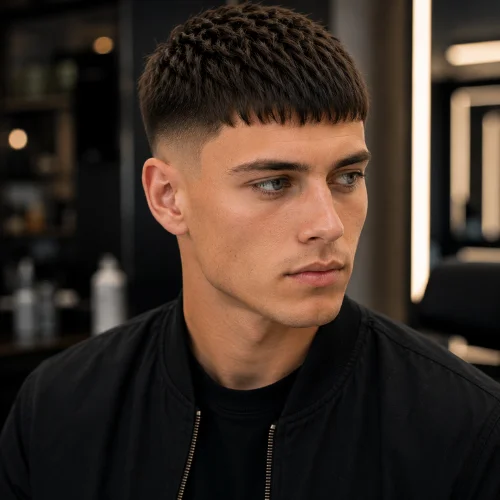 Attractive English man with a Clean French Crop Low Fade haircut, featuring a neatly textured cropped top and perfectly blended low fade sides. The model is photographed in a stylish outdoor setting with a visually appealing background, creating a sharp, polished, and modern appearance.