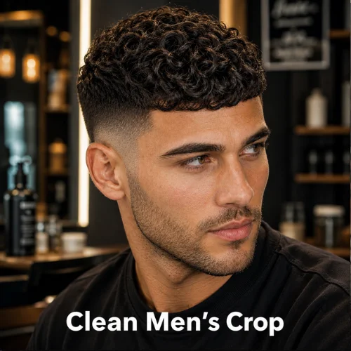 Clean Men’s Crop haircut with curly hair on top and faded sides