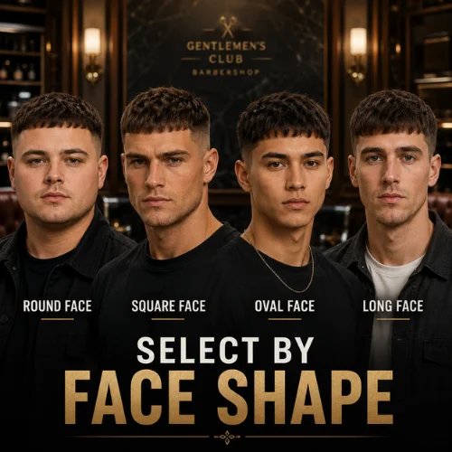 Short textured French crop styles for round, square, oval, and long face shapes shown in one guide image