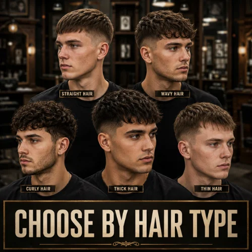 Guide image showing how to choose the best short textured French crop based on hair type and face shape