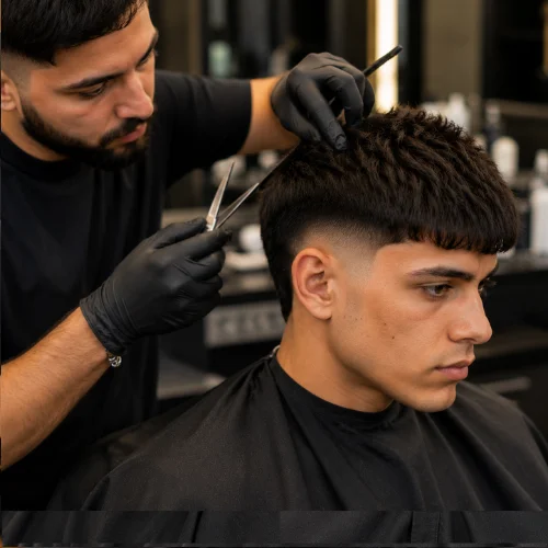 Barber correcting uneven French crop burst fade, showing proper texture and fade adjustment.