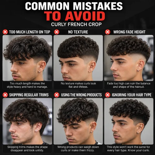 Common Curly French Crop mistakes including wrong fade height, no texture, too much length, and skipping trims