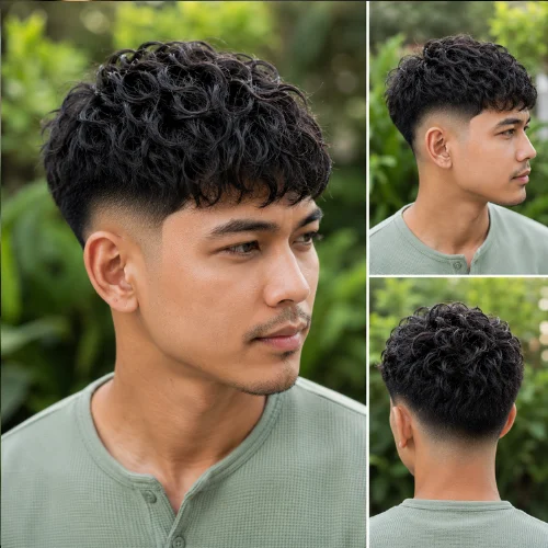 Middle-aged Southeast Asian man with a Curly French Crop Low Fade haircut, featuring defined natural curls on top and a clean low fade on the sides. He is wearing a light green shirt and posing in a beautiful outdoor setting with lush green foliage in the background, showcasing a stylish and modern hairstyle from multiple angles.