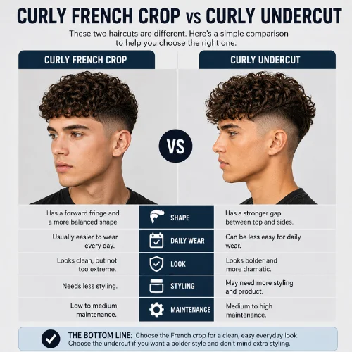 Side-by-side comparison of a Curly French Crop and a Curly Undercut haircut highlighting differences in fringe, side length, styling needs, and overall appearance.
