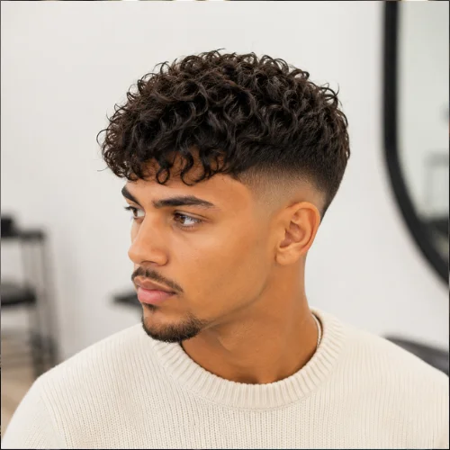Curly French crop mid fade with natural curls on top and clean faded sides.