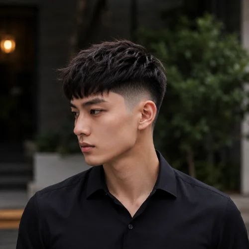 Young Asian boy with a Disconnected French Crop Low Fade haircut wearing a black shirt. The hairstyle features a textured cropped fringe with a sharp disconnected transition and clean low fade sides. The portrait is captured against a beautiful blurred outdoor background, highlighting the modern men's hairstyle and precise barbering details.