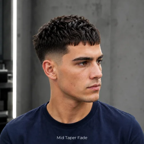 French crop mid taper fade haircut with textured top and sharper side blend