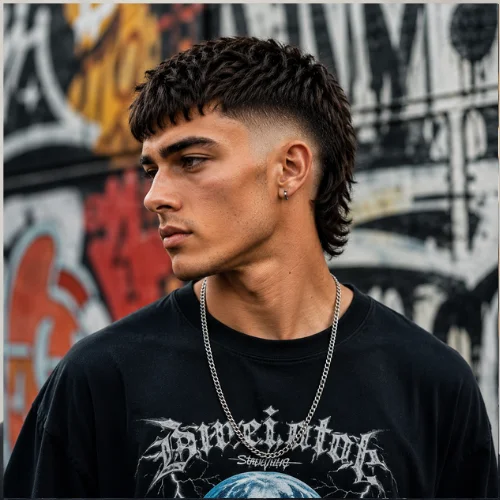 Male model with a French crop burst fade mullet, showing short front crop and longer back with clean fade sides.