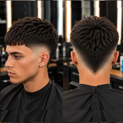 Male model with French crop burst fade V style, forward fringe and subtle V-shaped fade at back neckline.