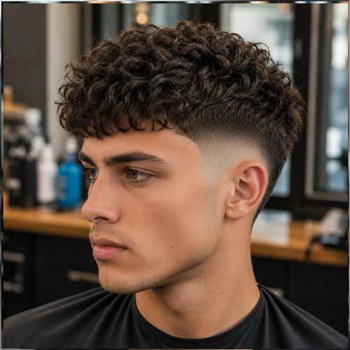 Male model with curly hair styled in a French crop burst fade, natural curls on top with a smooth fade around the ears.