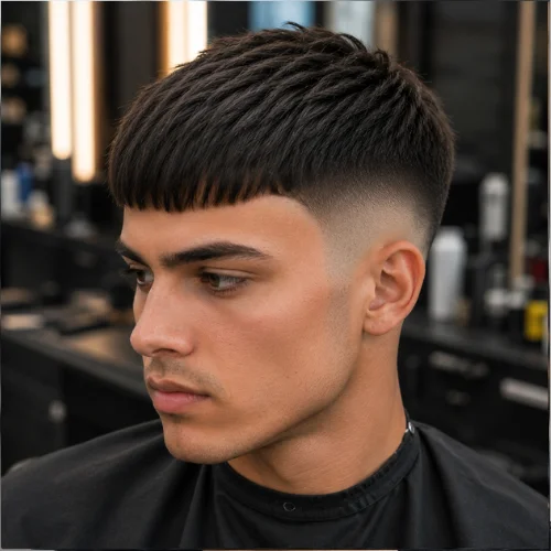 Young man with French crop burst fade straight hair, showing neat forward fringe, textured cropped top, and clean fade around the ears.