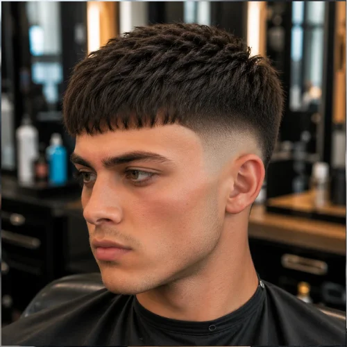 Young adult male with crop top French crop burst fade, short textured top and clean side fade.
