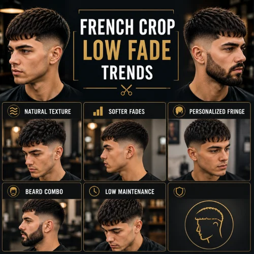 French Crop Low Fade trends in the USA featuring natural texture, softer fades, personalized fringe styles, beard combinations, and low-maintenance haircut options. The infographic showcases modern men's French Crop Low Fade hairstyles in a stylish barbershop-inspired layout.