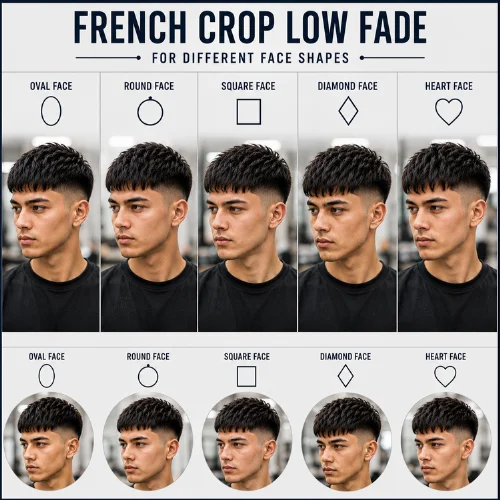 French Crop Low Fade hairstyle guide for different face shapes, featuring Oval Face, Round Face, Square Face, Diamond Face, and Heart Face examples. The infographic showcases men with textured French Crop Low Fade haircuts, along with face shape icons and styling recommendations to help choose the best haircut variation for each face shape