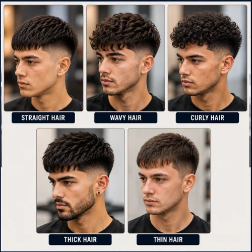 French Crop Low Fade hairstyles for different hair types, featuring straight hair, wavy hair, curly hair, thick hair, and thin hair. The comparison image showcases how the French Crop Low Fade haircut adapts to various hair textures while maintaining a clean, modern, and stylish appearance.