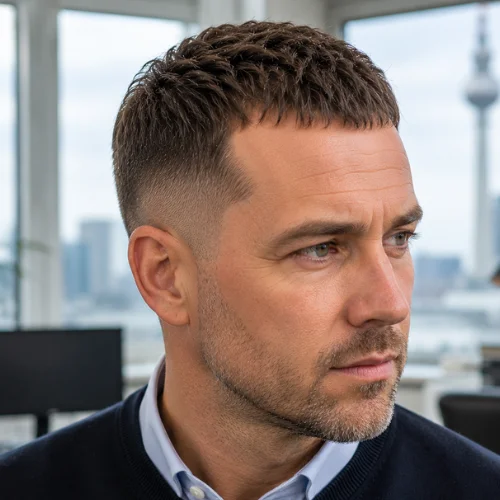 German male model with French Crop Low Taper for receding hairline, forward fringe and neat sides.
