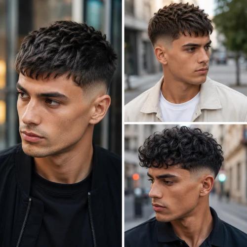 Collage showing the versatility of the French Crop Low Taper haircut on straight, textured, and curly hair in modern urban settings.