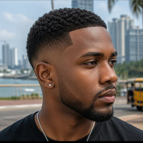 Nigerian male model with French Crop Low Taper with Line Up, sharp hairline and clean tapered sides.