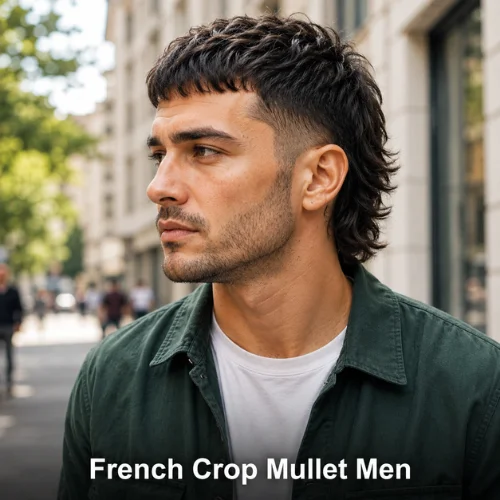 French crop mullet men haircut with cropped fringe, neat sides, and longer back