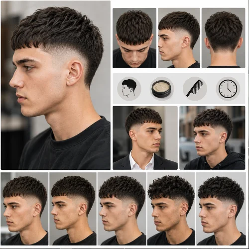 Male model showing a short French crop burst fade haircut from the side, with cropped top, forward fringe, and rounded fade.