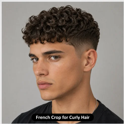 Educational hairstyle graphic showing how a Curly French Crop reduces bulky sides, improves shape, and makes curly hair easier to manage and style.