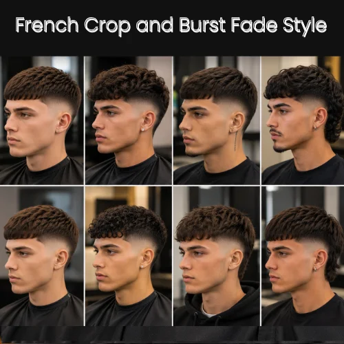 Group of young men showing different French crop burst fade variations including textured crop, low fade, high fade, and mullet style.