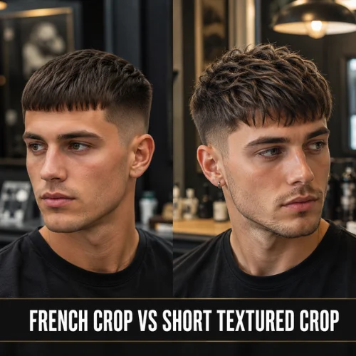 Comparison image showing the difference between a classic French crop and a short textured French crop haircut