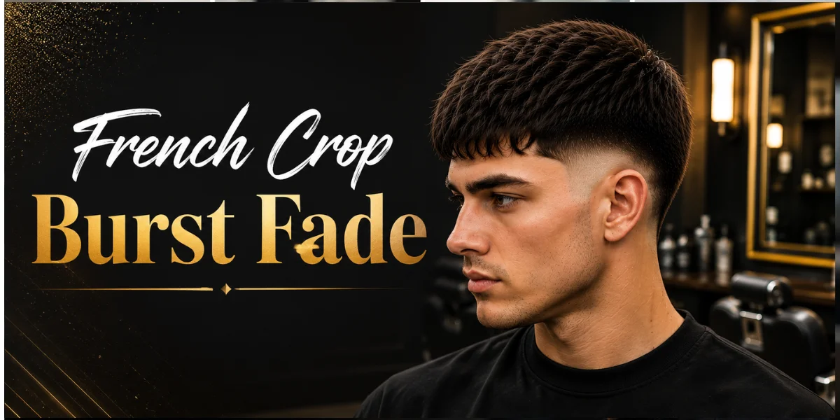 French Crop Burst Fade haircut featuring a stylish young man with a textured French crop, sharp burst fade around the ears, and a clean modern look. The hairstyle is showcased in a premium black and gold barbershop setting, highlighting detailed hair texture, precise fading, and contemporary men's grooming trends.
